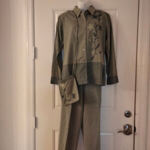 Vintage Cervelle 4 piece silk pant suit embroidered matching bag size medium